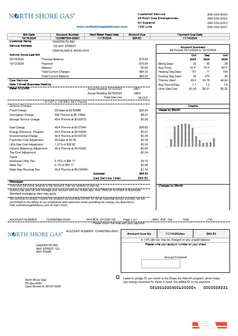 USA Illinois North Shore Gas business utility bill template in Word and PDF formats